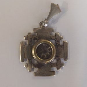 Widow&#39;s Mite Coin Jerusalem Cross Pendant Setting Real Sterling Silver 925 [4cm/1.2inch] / CERTIFIED JERUSALEM ANTIQUES Shop