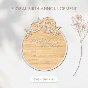 Placa floral con nombre del bebé svg, letrero con el nombre del hospital, letrero de anuncio de nacimiento con estadísticas de nacimiento, recuerdo del recién nacido para Glowforge