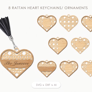 Pacote SVG de chaveiro de coração, arquivos de corte a laser SVG de enfeite de Natal, modelo SVG de chaveiro de coração de rattan para Glowforge