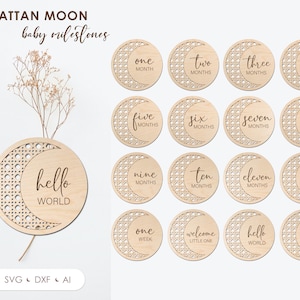 Rattan Baby Meilensteine svg, Celestial Meilensteinmarkierer Laser cut Dateien, Boho Mond Neugeborenes Zeichen für Glowforge