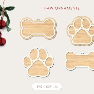 Adorno de pata de perro svg, adorno de Navidad svg, adorno conmemorativo de mascotas svg, adornos cortados con láser, adorno de hueso de perro svg