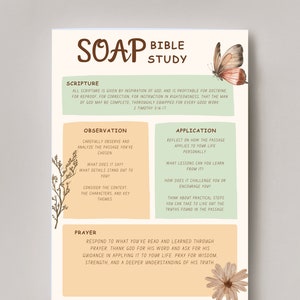 Puede incluir: Un gráfico imprimible con fondo verde claro, naranja claro y amarillo claro. El gráfico se titula "SOAP Bible Study" y describe cuatro pasos para estudiar la Biblia: Escritura, Observación, Aplicación y Oración. El gráfico incluye una cita de 2 Timoteo 3:16-17.