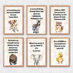 May include: Six framed art prints with inspirational quotes and watercolour animal illustrations. The prints feature a puppy, zebra, squirrel, bear, elephant, and duckling. Each print has a wooden frame and a light background.