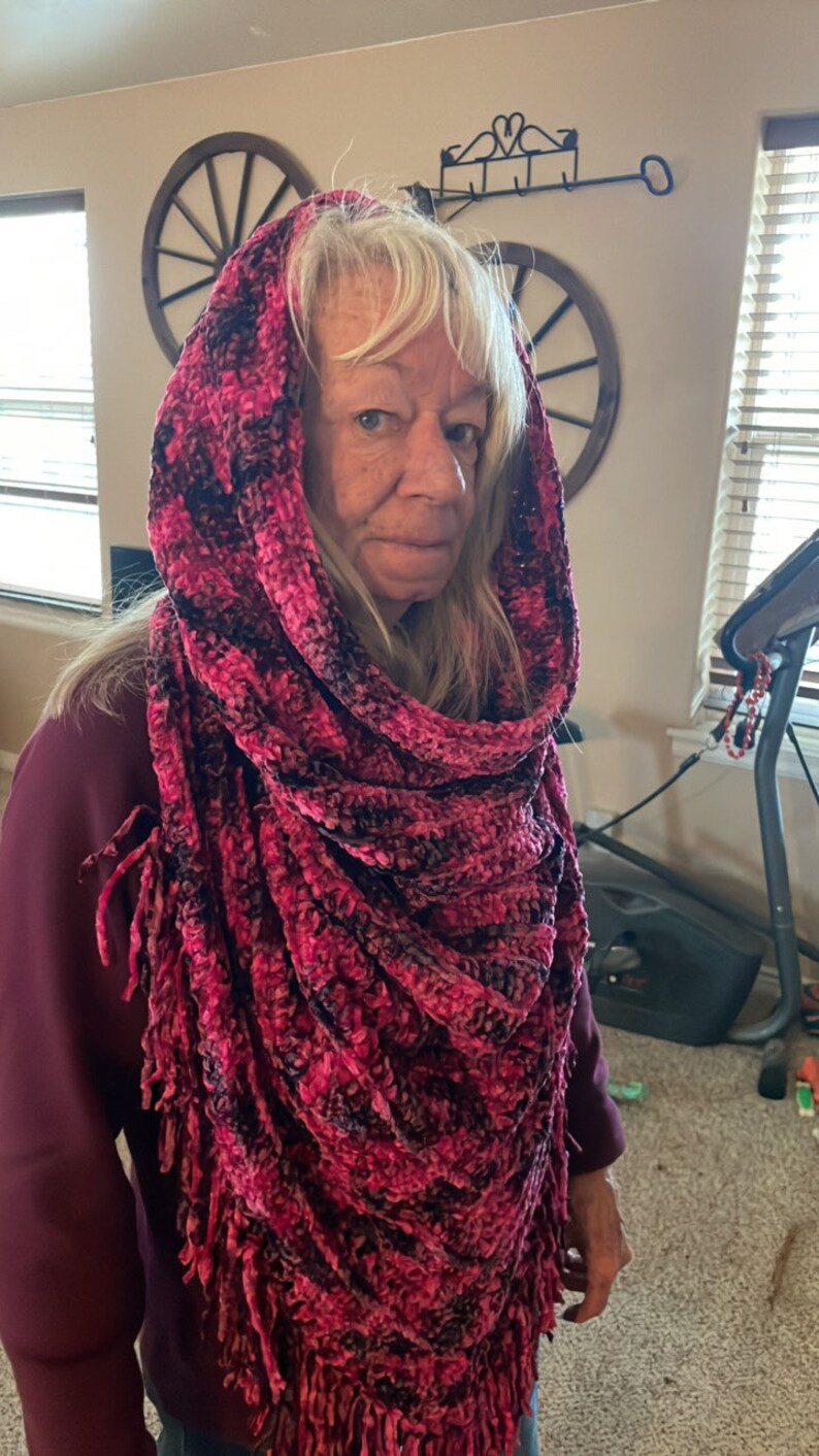Velvet Yarn Fringed Hooded Scarf Etsy