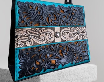 Hand Tooled Tote, Black, Silver and Aqua Leather Purse, Shoulder Bag, Cowhide Handbag, Tote with Handles