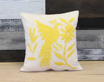 Hand Embroidered Otomi Pillow Cover: Square Yellow Mexican Art (16" x 16")