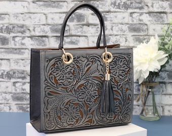 Hand Tooled Leather Tote Set, Purse and Shoulder Bag, Cowhide Handbag with Tote, Strap