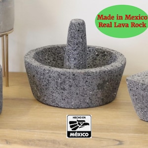 Simple Slant Bowl & Pestle - Lava Stone - 8 Inch - Authentic Mexican Molcajete