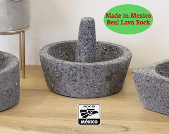 Simple Slant Bowl & Pestle - Lava Stone - 8 Inch - Authentic Mexican Molcajete
