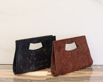 Hand Tooled Leather Tote: Brown Cowhide Handbag