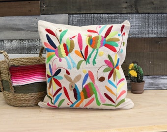 Throw Pillow Cover, Authentic Mexican Tenango, Hand Embroidered Otomi Art, Textile Pillowcase