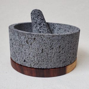 Wood Base Bowl & Pestle - Lava Stone - 8 Inch - Authentic Mexican Molcajete