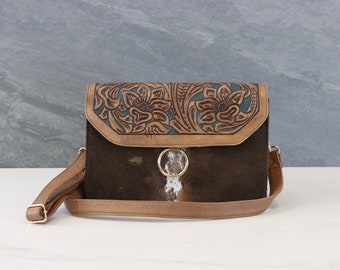Brown Hand Tooled Cowhide Leather Handbag with Shoulder Strap, Mexican Leather Tote Bags