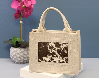 Hand Tooled Cowhide Leather Handbag: Hair Hide Accent, Mexican Tote