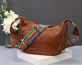 Leather Messenger Bag, Shoulder Bag Purse with Beaded Strap, Mexican Cowhide Leather Tote Bags