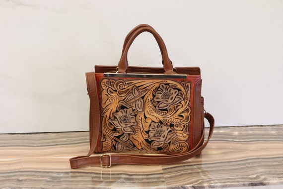 Hand Tooled Cowhide Leather Handbag Purse Shoulder Bag With Strap Mexican Leather Tote Bags Etsy