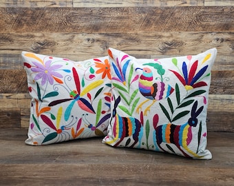 Throw Pillow Cover, Authentic Mexican Tenango, Hand Embroidered Otomi Art