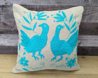 Hand Embroidered Otomi Pillow Cover: Mexican Tenango Art (16" x 16")
