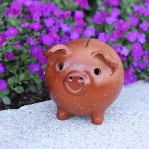 May include: A terracotta-colored piggy bank with a slot on top for inserting coins. The ceramic pig has a round body, small legs, and a snout with two nostrils. The background features purple flowers.