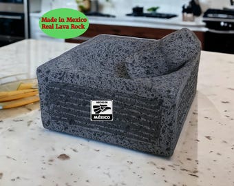 Square Molcajete Bowl & Pestle - Lava Stone - 7 Inch - Authentic Mexican Molcajete - Central Mexico Basalt Lava