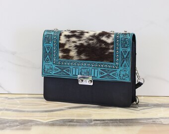 Hand Tooled Cowhide Leather Handbag: Hair Hide Accent Tote