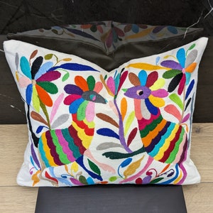 Throw Pillow Cover 16&quot; x 12&quot;, Authentic Mexican Tenango, Hand Embroidered Otomi Art, Textile Pillowcase