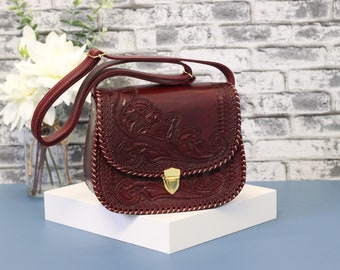 Wine, Pink, Blue Hand Tooled Leather Purse with Gold Snap Closure