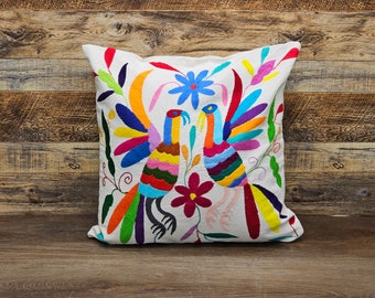 Throw Pillow Cover, Otomi Tenango Mexican Textile, Hand Embroidered Case