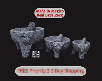Authentic Pig Face Stone Molcajete, Mortar and Pestle Set, Made in Mexico of Basalt Lava Rock