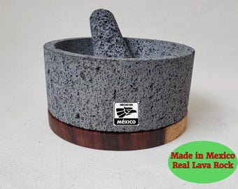 Wood Base Bowl & Pestle - Lava Stone - 8 Inch - Authentic Mexican Molcajete
