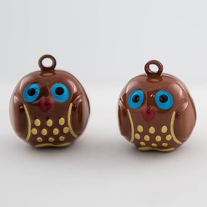 Dark Brown Owl Bells: Enameled Brass, 17x17mm (2 Count)