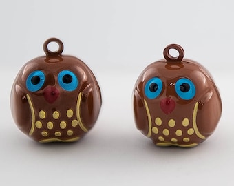 Owl Bell with Clapper, Dark Brown, Brass, 17x17mm, 2 Count