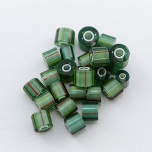 Green Cane Glass Beads:  Striped Tube Glass Beads, Multicolored Transparent Green Glass, Jewelry Making Supplies (15 inch Strand / 45 Count)