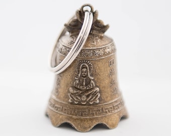 Brass Bell with Clapper, Metal, 42x30mm, Quan Yin Design, With Split Ring, 1 count