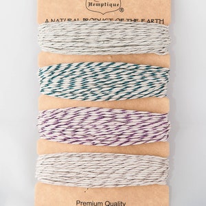 Cordão de cânhamo, cores metálicas sortidas: prata claro, azul, roxo e prata, 1 mm de espessura, (4) fios de 30 pés, cordão de artesanato de qualidade premium
