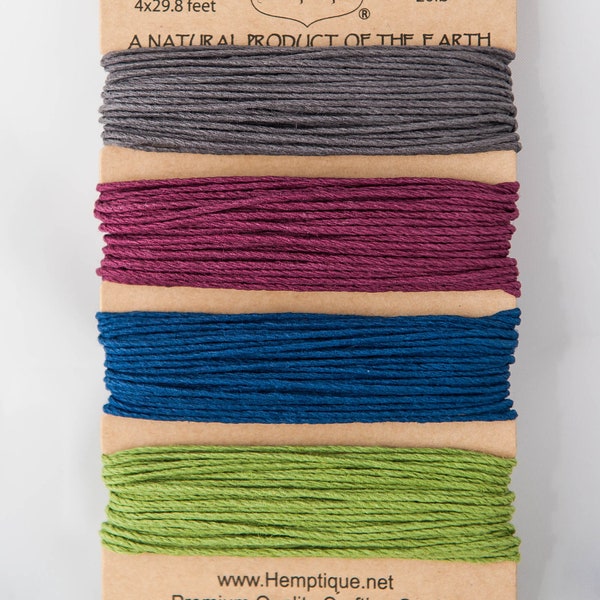 Hemp Cord, Assorted Earthtone Colors: Grey, Dark Red, Dark Blue, Green, (4) 30 foot strands, Premium Quality Crafting Cord, 1mm thick