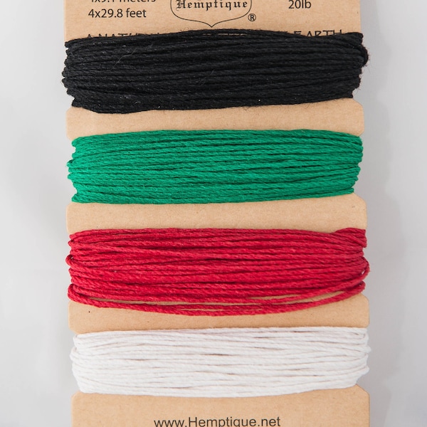 Hemp Cord, 1mm thick, 30 foot strands, 4-Strand Card, Assorted Colors Black Green Red White, 20lb test, Premium Quality Crafting Cord