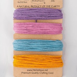 Hanfschnur, 1 mm dick, 30 Fuß Stränge, 4-Strang Karte, verschiedene Farben Lila, Pink, Blau, Orange, 20lb Test, Premium Qualität Bastelschnur