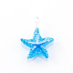 May include: A translucent blue starfish pendant with a clear loop for hanging. The starfish has a textured surface and a darker blue center, set against a white background.
