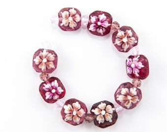 Lampwork Glass Beads: 14mm Puffed Square, Hand Painted Flower, Double Sided (9 Count + 6mm Spacers) Beads for Bracelet Making