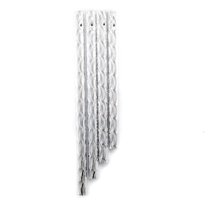 May include: A set of five silver wind chimes with a wavy pattern. The chimes are hanging from a metal ring.