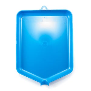 May include: A bright blue plastic tray with a handle and a pointed bottom. The tray has a smooth surface and a small hole at the bottom. The tray is empty and sits on a white background.