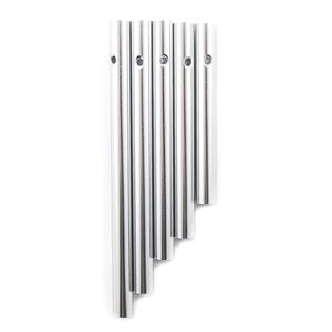 May include: A set of silver-colored wind chimes with seven cylindrical tubes of varying lengths. Each tube has a small hole near the top. The chimes are arranged in a descending order, creating a visually appealing and musical instrument.