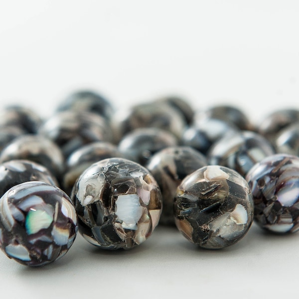 Black Mother of Pearl Shell + Resin Mosaic Beads, 16-18mm Round