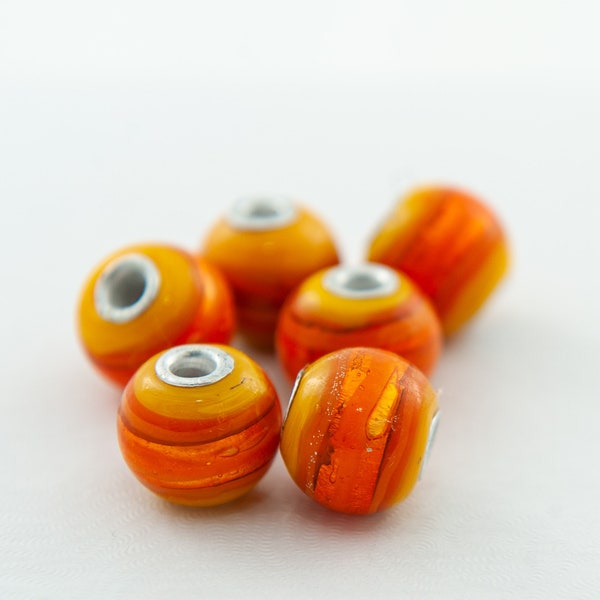 Lampwork Glass Beads, Yellow and Orange Sparkle Swirl, Aluminum Center, 14mm, 3mm Large Hole, 6ct