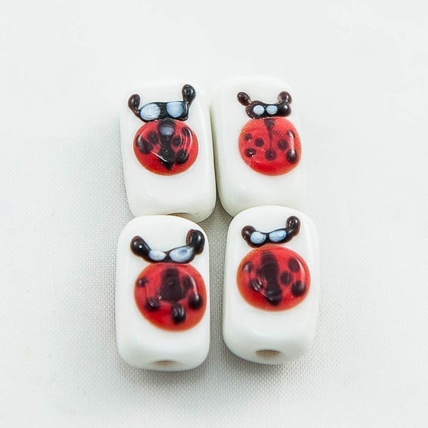 Ladybug Beads, White Rectangular Lampwork Glass, Double Sided, 16x10mm, 4 count