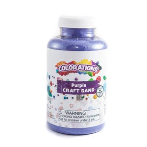 May include: A plastic bottle of purple craft sand with the brand name "COLORATIONS" and the text "Purple Craft Sand" on the label. A warning label reads "CHOKING HAZARD - Small parts. Not for children under 3 yrs."