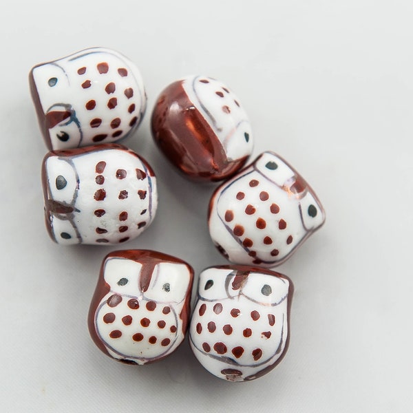 Porcelain Owl Beads, Brown with White Chest, 16x14mm, Handpainted, 6 count