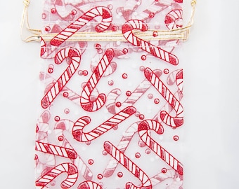 Candy Candy Organza Beutel: Weihnachtsbevorzugung Beutel, Urlaub Leckerli Sack, rote und weiße Zuckerstange Kordelbeutel, 4,75 x 3,5 Zoll (1 Count)