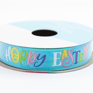 Osterband, blau mit lustigen bunten Buchstaben, "Hoppy Easter", 15mm x 90 cm, Bastelband zum Verschönern von Kunstwerken / Projekten, 1 Spule, 15 cm breit